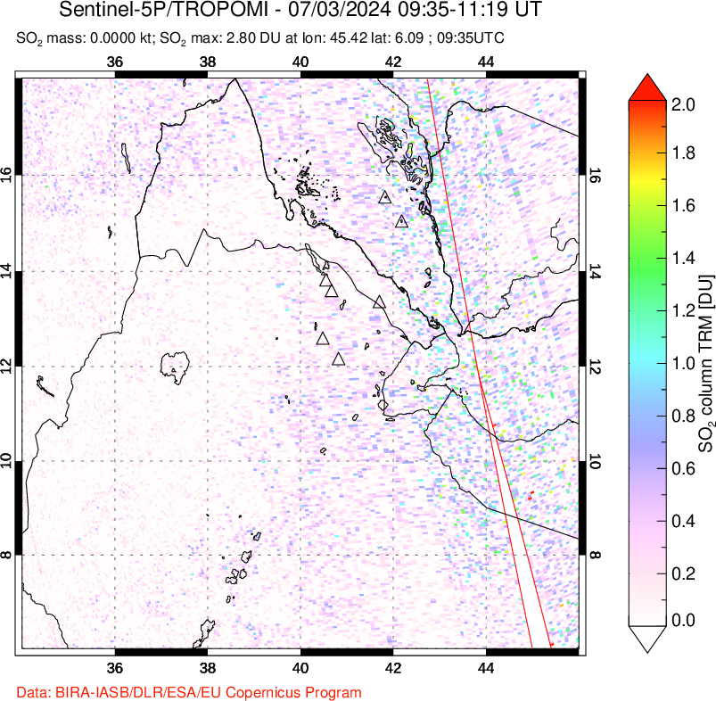 A sulfur dioxide image over Afar and southern Red Sea on Jul 03, 2024.