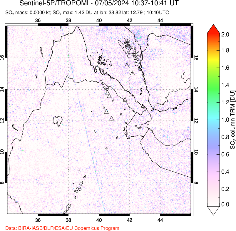 A sulfur dioxide image over Afar and southern Red Sea on Jul 05, 2024.