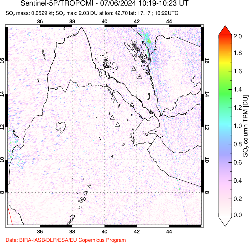 A sulfur dioxide image over Afar and southern Red Sea on Jul 06, 2024.