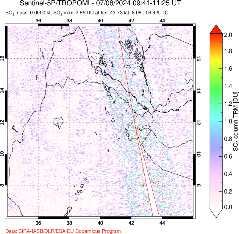 A sulfur dioxide image over Afar and southern Red Sea on Jul 08, 2024.