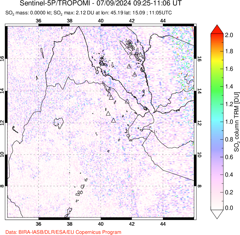 A sulfur dioxide image over Afar and southern Red Sea on Jul 09, 2024.