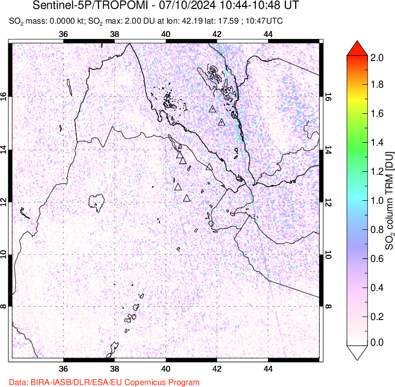 A sulfur dioxide image over Afar and southern Red Sea on Jul 10, 2024.