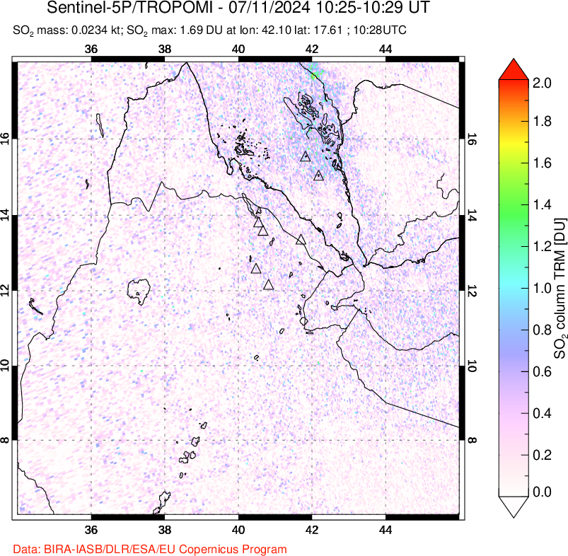 A sulfur dioxide image over Afar and southern Red Sea on Jul 11, 2024.