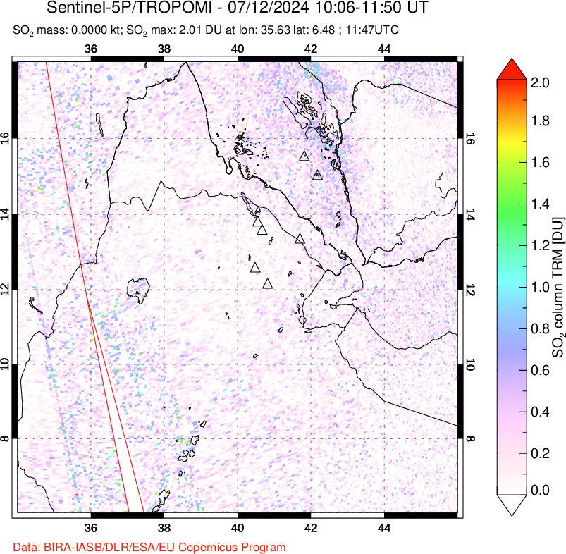 A sulfur dioxide image over Afar and southern Red Sea on Jul 12, 2024.