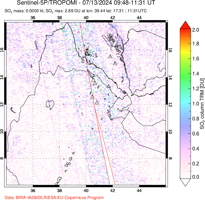 A sulfur dioxide image over Afar and southern Red Sea on Jul 13, 2024.