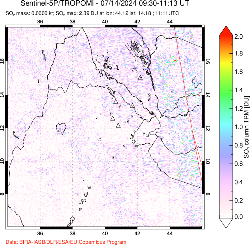 A sulfur dioxide image over Afar and southern Red Sea on Jul 14, 2024.