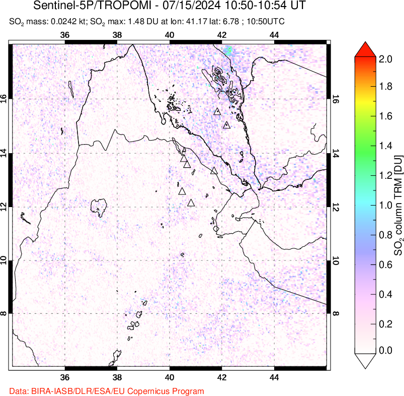 A sulfur dioxide image over Afar and southern Red Sea on Jul 15, 2024.