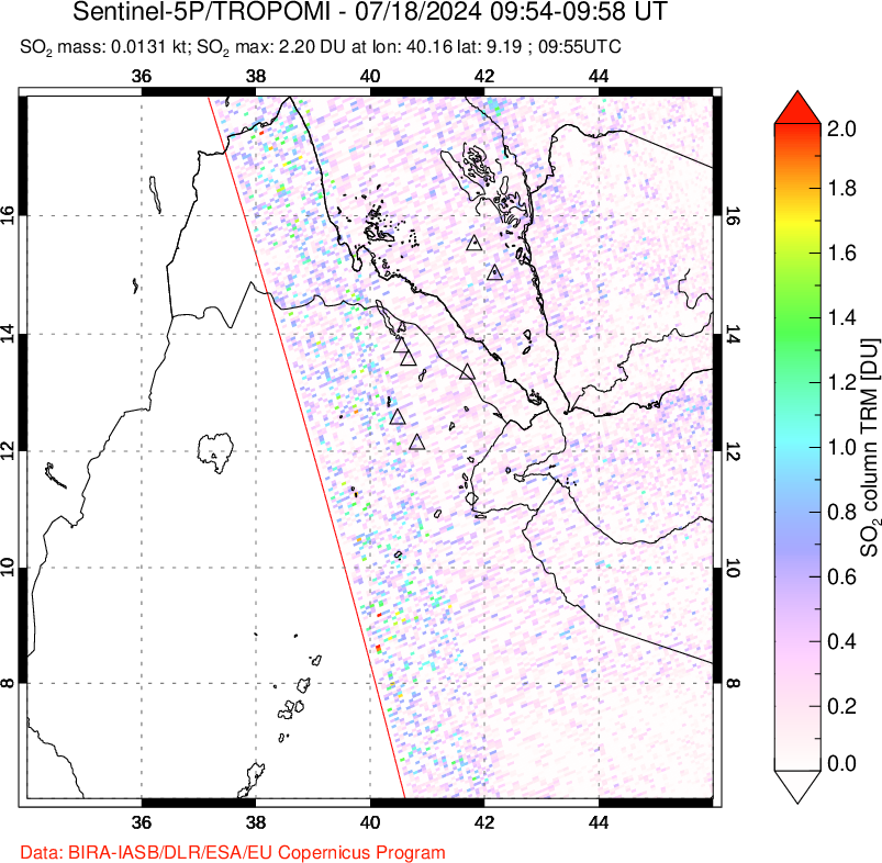 A sulfur dioxide image over Afar and southern Red Sea on Jul 18, 2024.