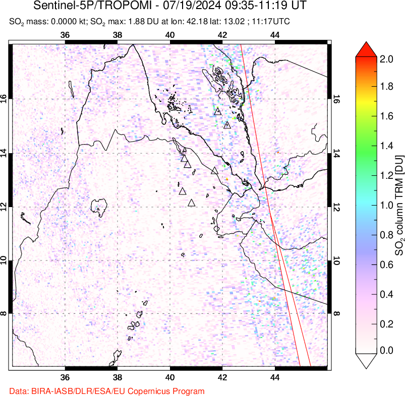 A sulfur dioxide image over Afar and southern Red Sea on Jul 19, 2024.