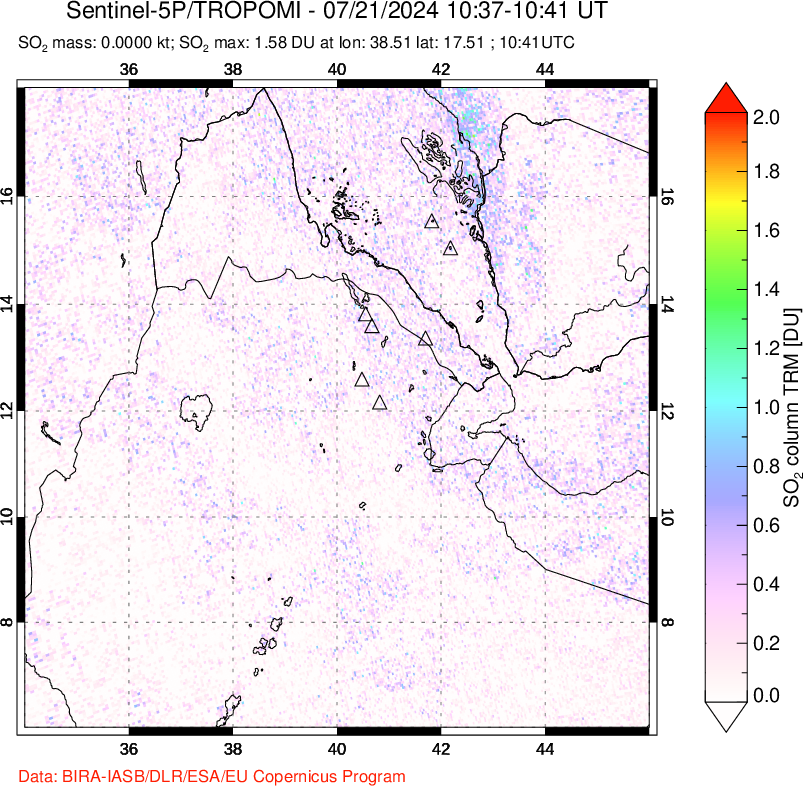 A sulfur dioxide image over Afar and southern Red Sea on Jul 21, 2024.