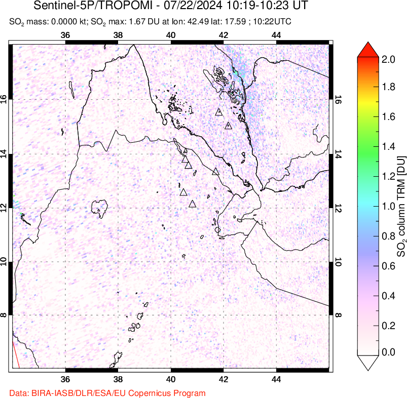 A sulfur dioxide image over Afar and southern Red Sea on Jul 22, 2024.