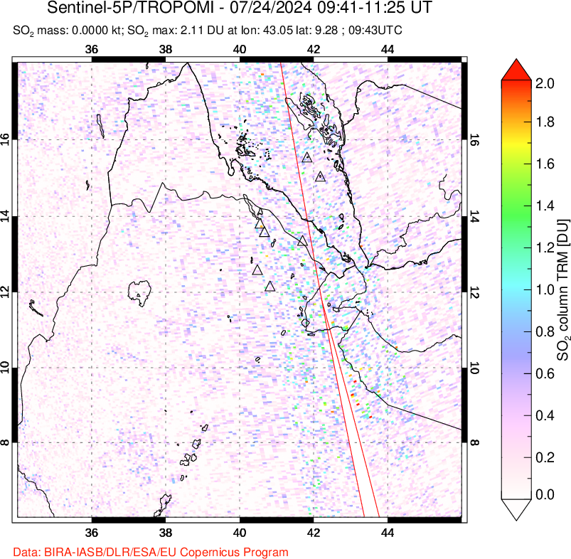 A sulfur dioxide image over Afar and southern Red Sea on Jul 24, 2024.