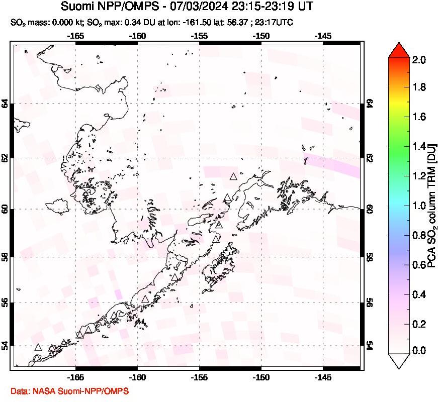 A sulfur dioxide image over Alaska, USA on Jul 03, 2024.