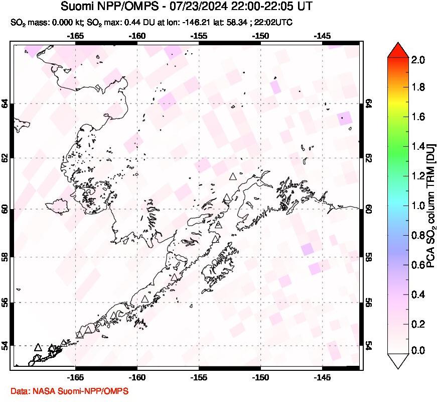 A sulfur dioxide image over Alaska, USA on Jul 23, 2024.