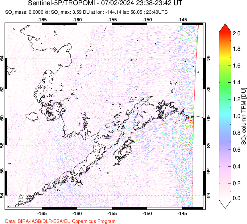 A sulfur dioxide image over Alaska, USA on Jul 02, 2024.