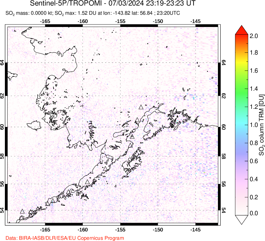 A sulfur dioxide image over Alaska, USA on Jul 03, 2024.