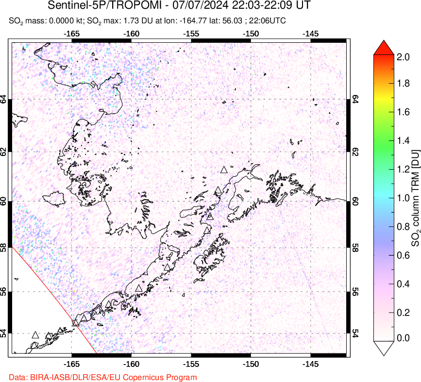 A sulfur dioxide image over Alaska, USA on Jul 07, 2024.