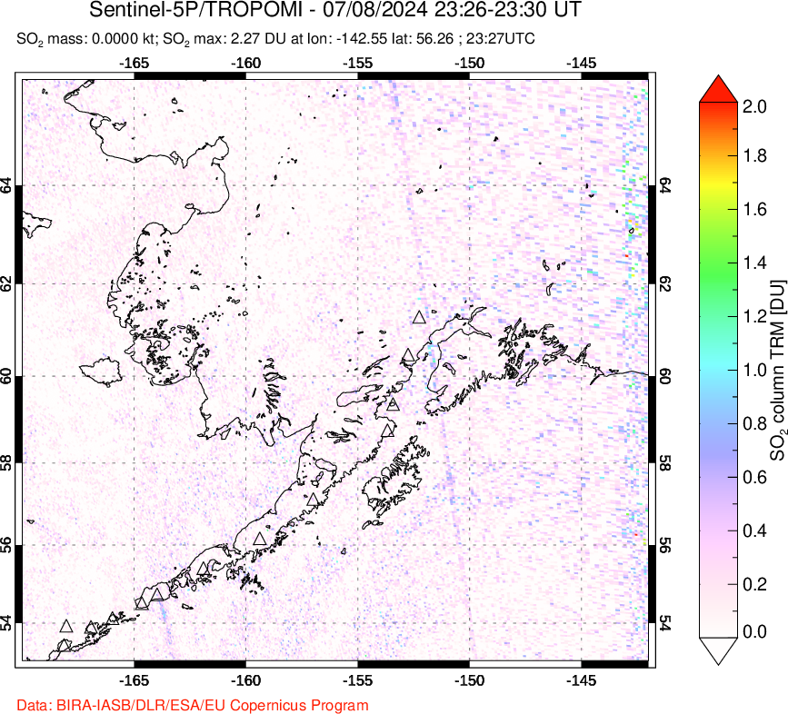 A sulfur dioxide image over Alaska, USA on Jul 08, 2024.