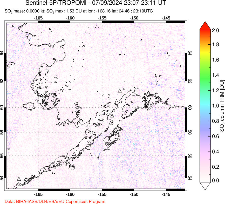 A sulfur dioxide image over Alaska, USA on Jul 09, 2024.