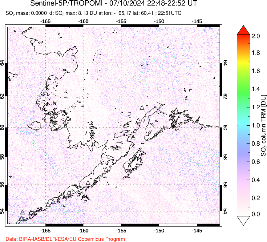 A sulfur dioxide image over Alaska, USA on Jul 10, 2024.