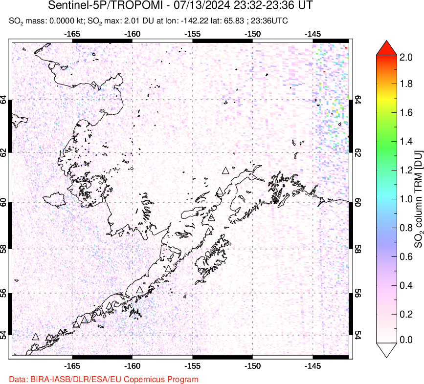 A sulfur dioxide image over Alaska, USA on Jul 13, 2024.