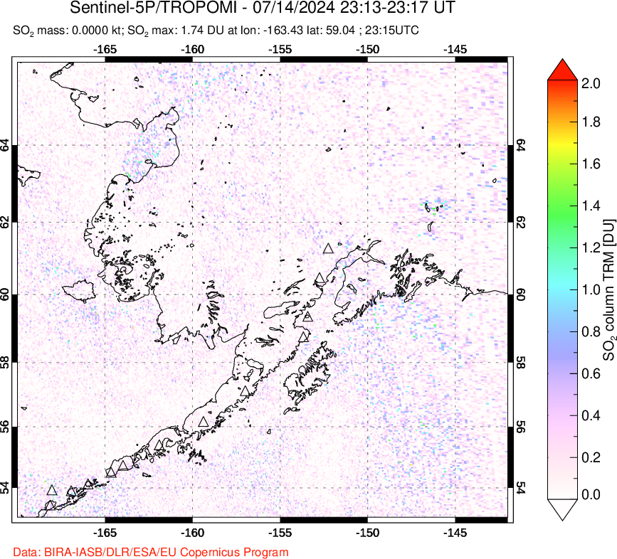 A sulfur dioxide image over Alaska, USA on Jul 14, 2024.