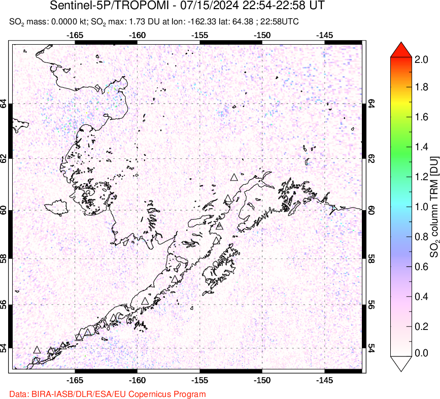 A sulfur dioxide image over Alaska, USA on Jul 15, 2024.