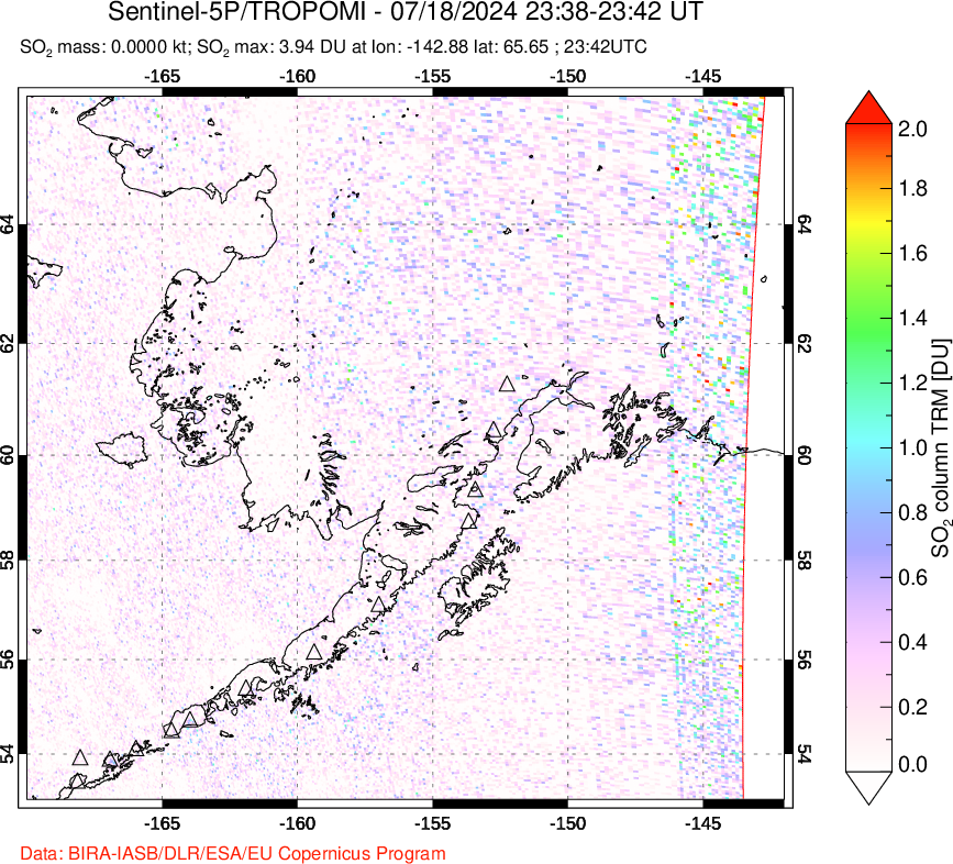 A sulfur dioxide image over Alaska, USA on Jul 18, 2024.