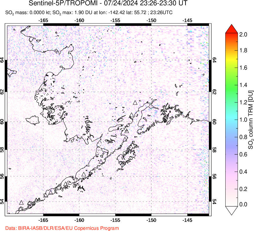 A sulfur dioxide image over Alaska, USA on Jul 24, 2024.