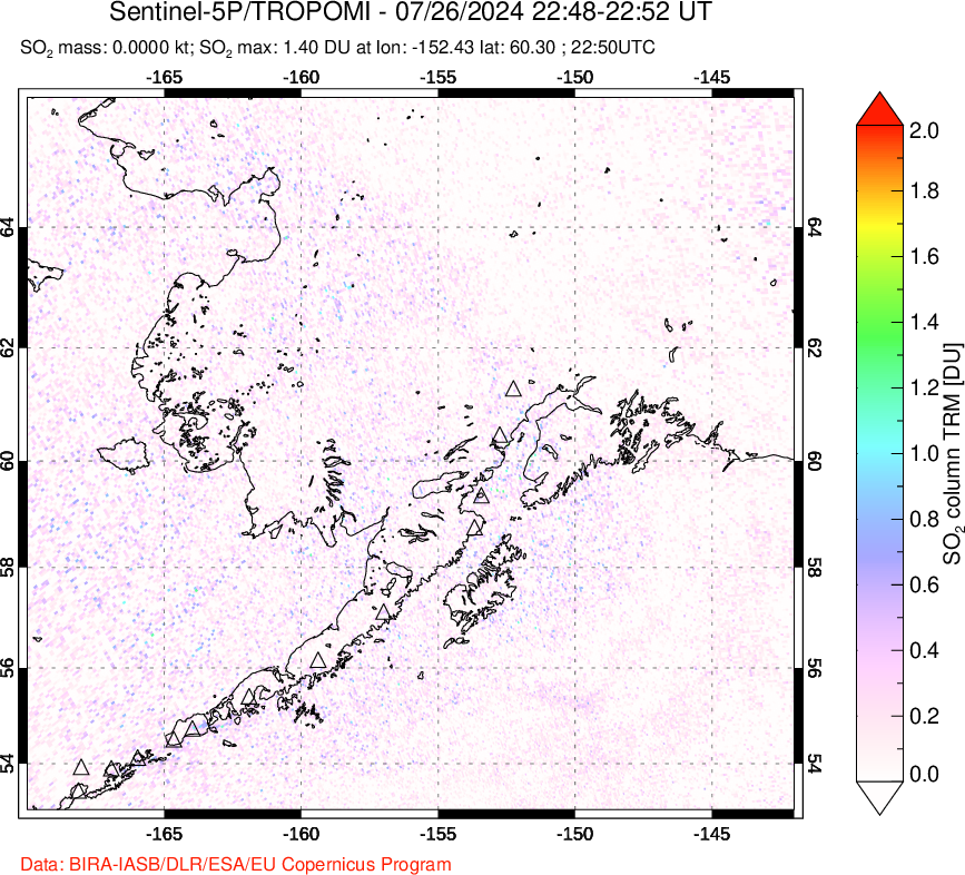 A sulfur dioxide image over Alaska, USA on Jul 26, 2024.