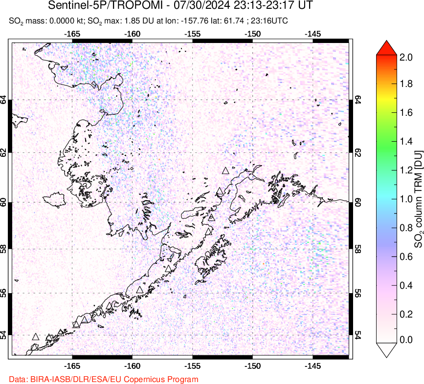 A sulfur dioxide image over Alaska, USA on Jul 30, 2024.