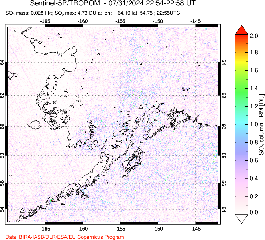 A sulfur dioxide image over Alaska, USA on Jul 31, 2024.