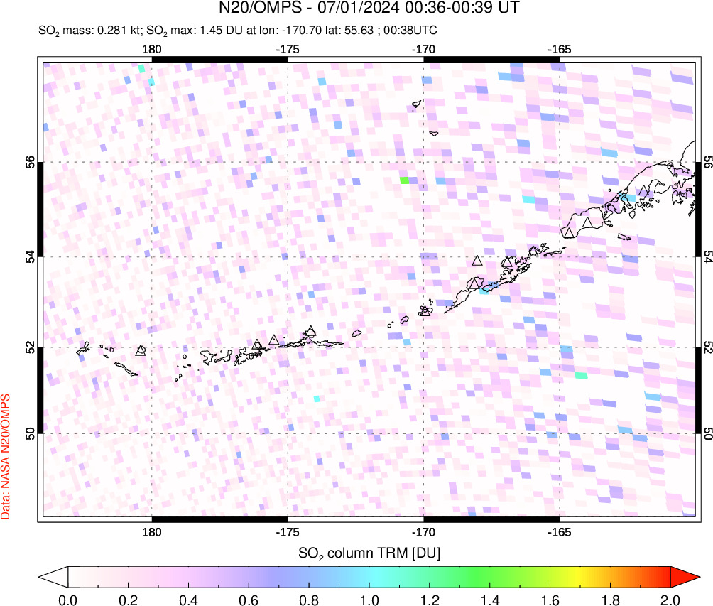 A sulfur dioxide image over Aleutian Islands, Alaska, USA on Jul 01, 2024.