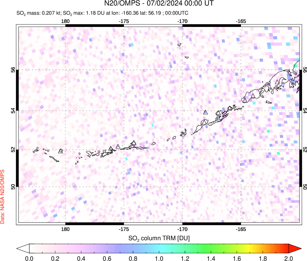 A sulfur dioxide image over Aleutian Islands, Alaska, USA on Jul 02, 2024.