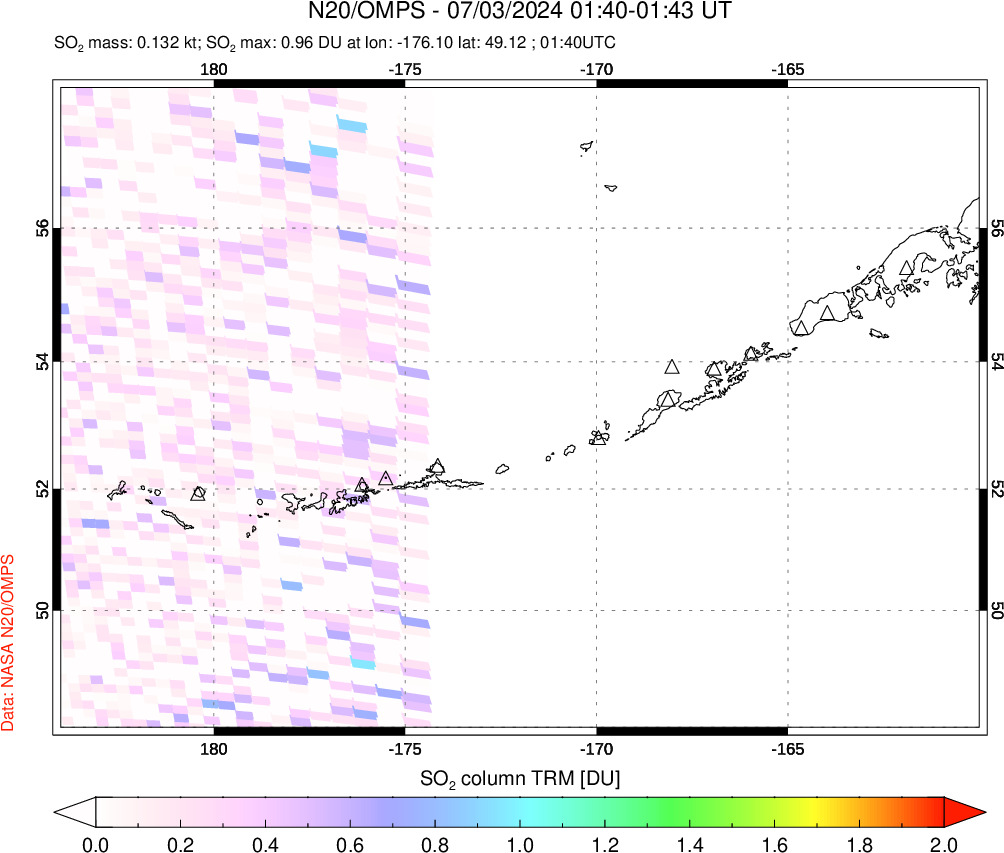 A sulfur dioxide image over Aleutian Islands, Alaska, USA on Jul 03, 2024.