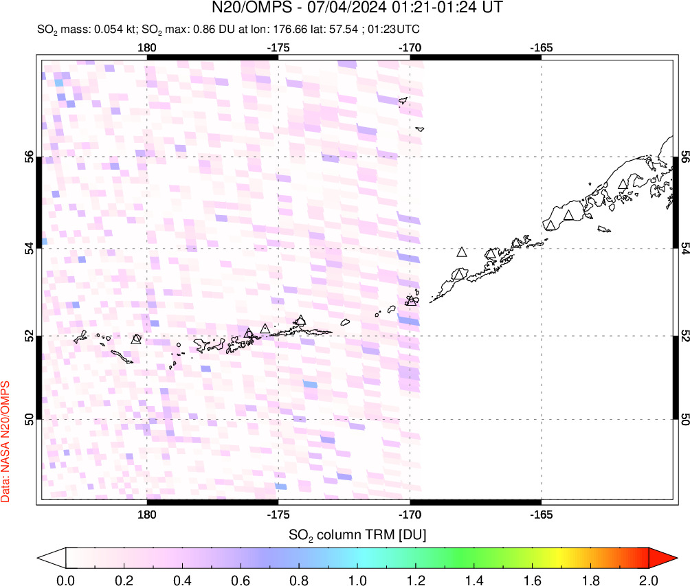 A sulfur dioxide image over Aleutian Islands, Alaska, USA on Jul 04, 2024.