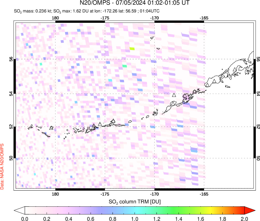 A sulfur dioxide image over Aleutian Islands, Alaska, USA on Jul 05, 2024.