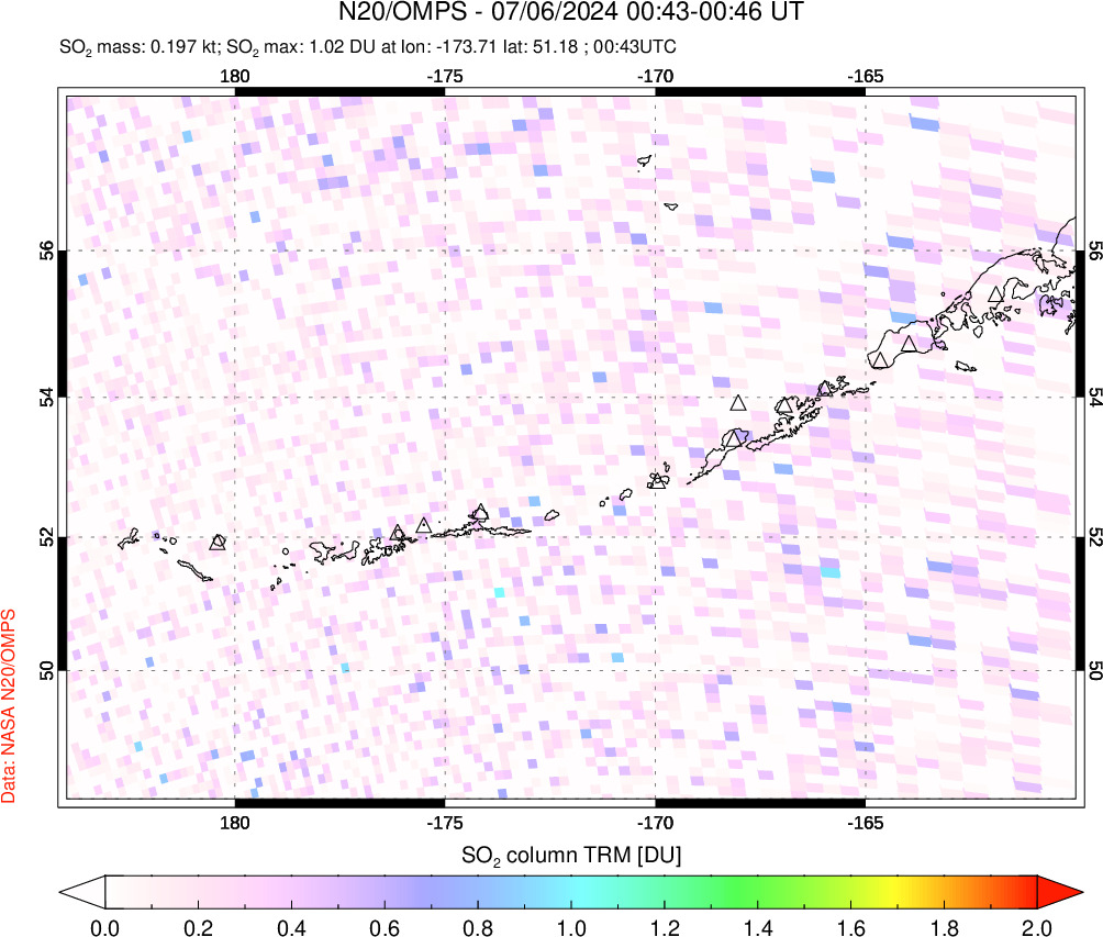 A sulfur dioxide image over Aleutian Islands, Alaska, USA on Jul 06, 2024.