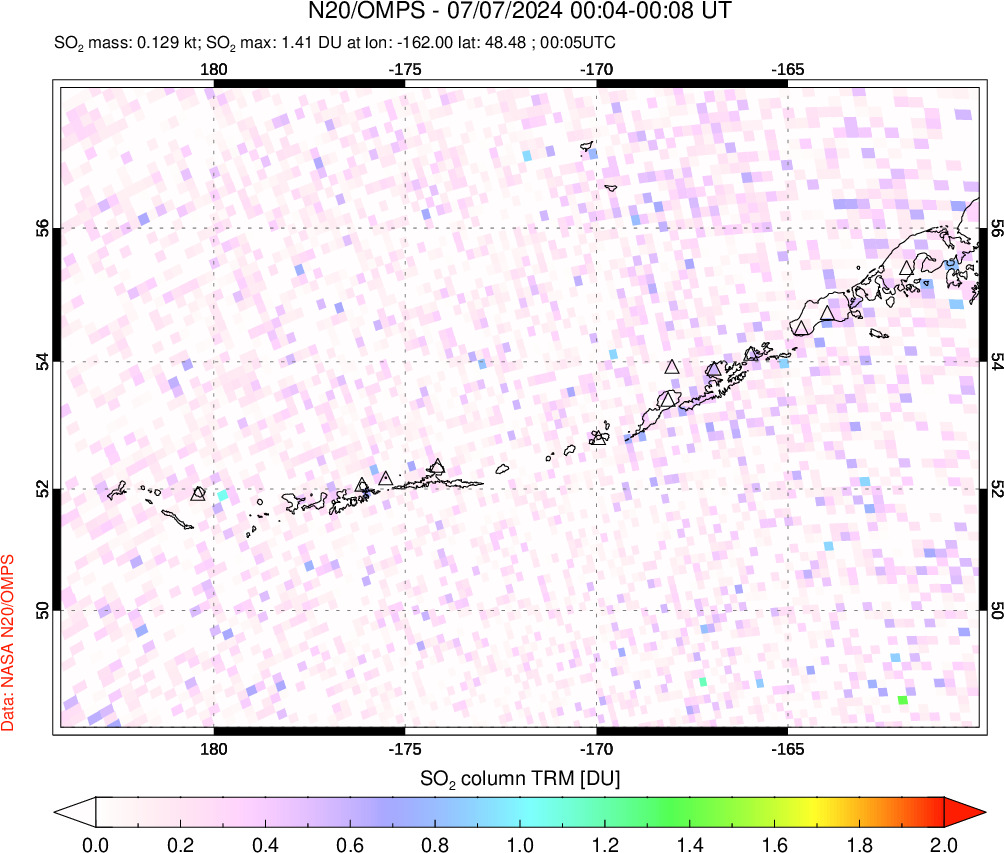 A sulfur dioxide image over Aleutian Islands, Alaska, USA on Jul 07, 2024.