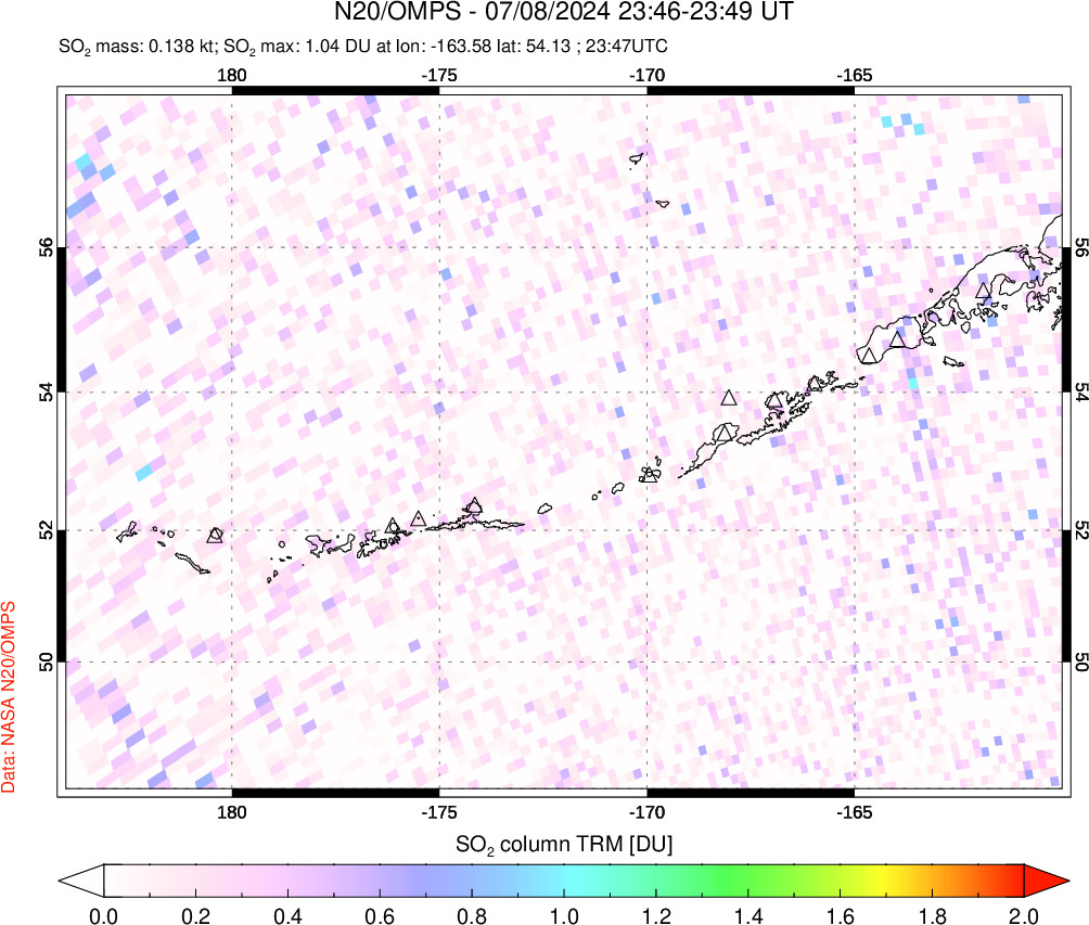 A sulfur dioxide image over Aleutian Islands, Alaska, USA on Jul 08, 2024.