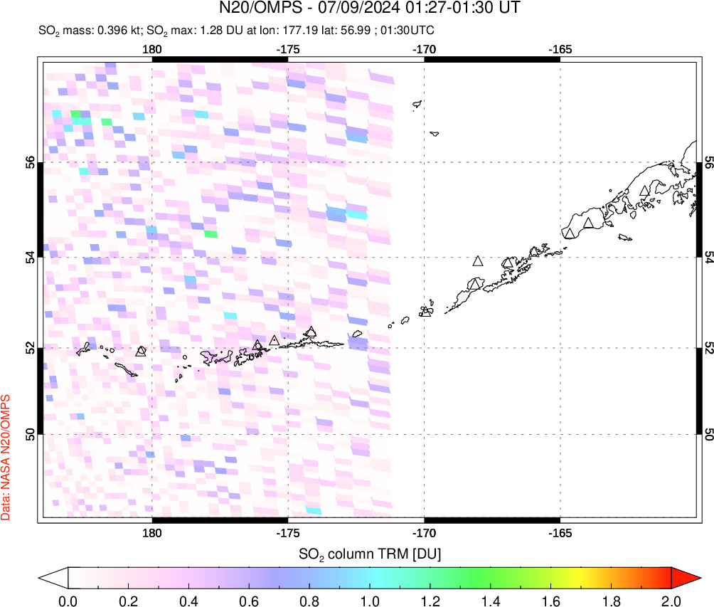 A sulfur dioxide image over Aleutian Islands, Alaska, USA on Jul 09, 2024.