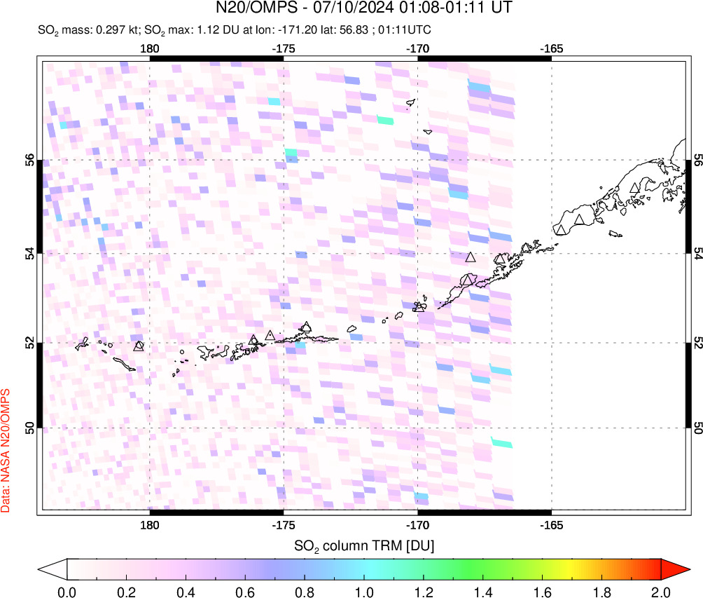 A sulfur dioxide image over Aleutian Islands, Alaska, USA on Jul 10, 2024.