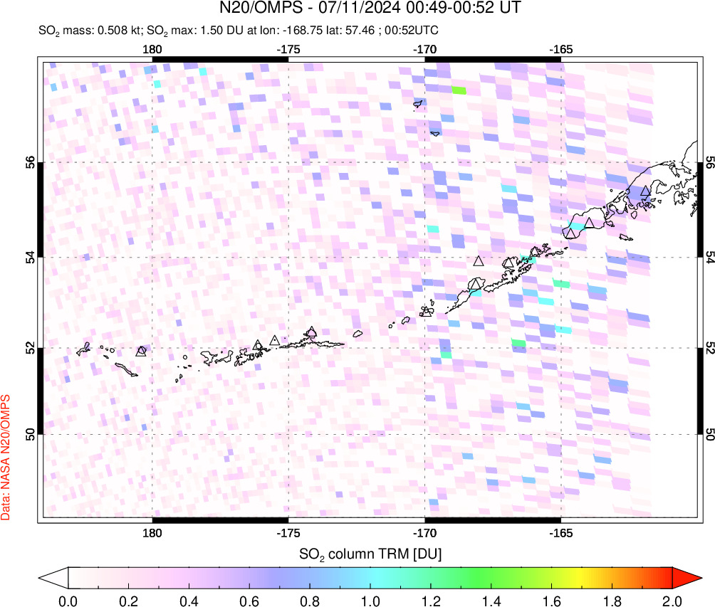 A sulfur dioxide image over Aleutian Islands, Alaska, USA on Jul 11, 2024.