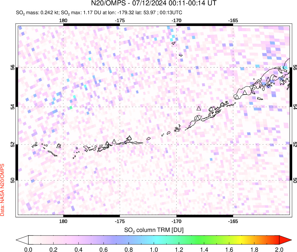 A sulfur dioxide image over Aleutian Islands, Alaska, USA on Jul 12, 2024.