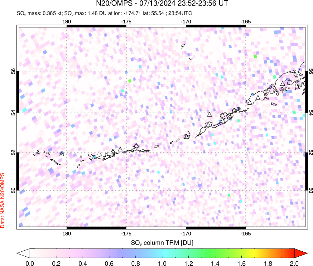 A sulfur dioxide image over Aleutian Islands, Alaska, USA on Jul 13, 2024.