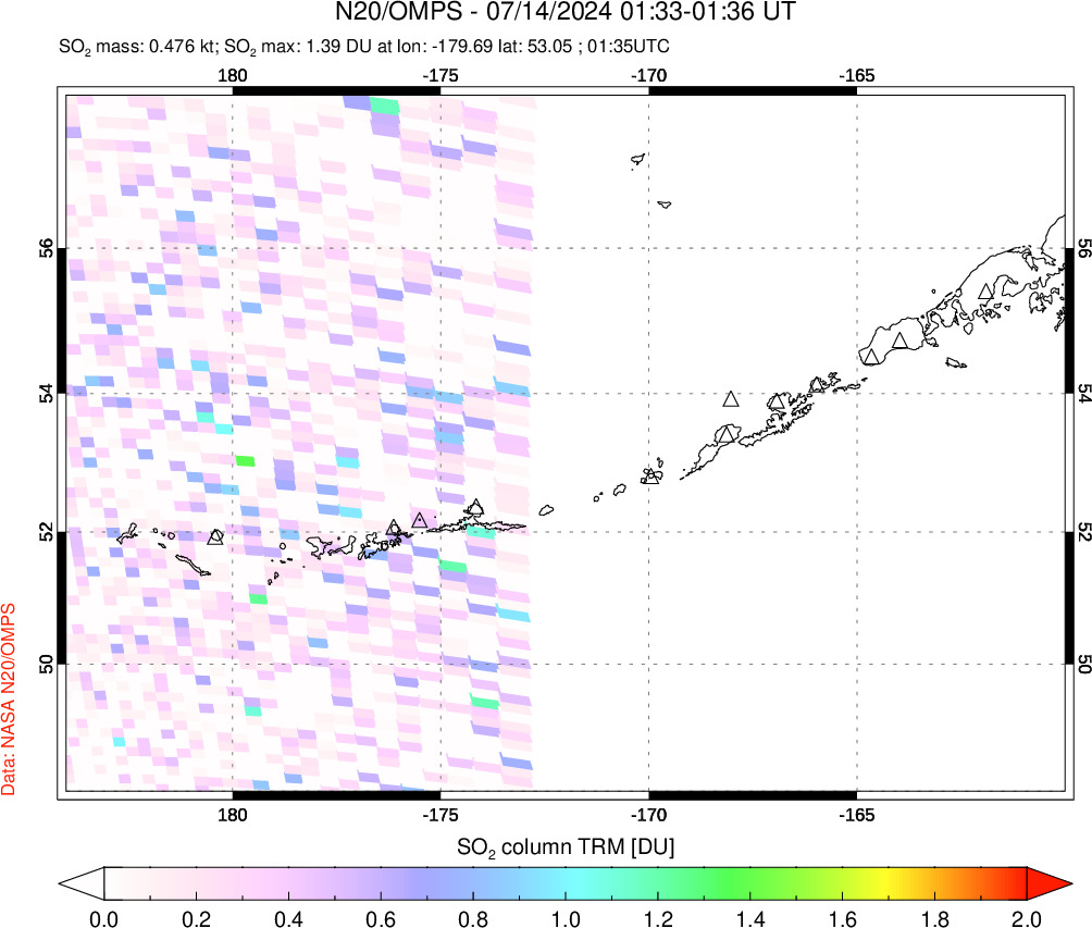 A sulfur dioxide image over Aleutian Islands, Alaska, USA on Jul 14, 2024.