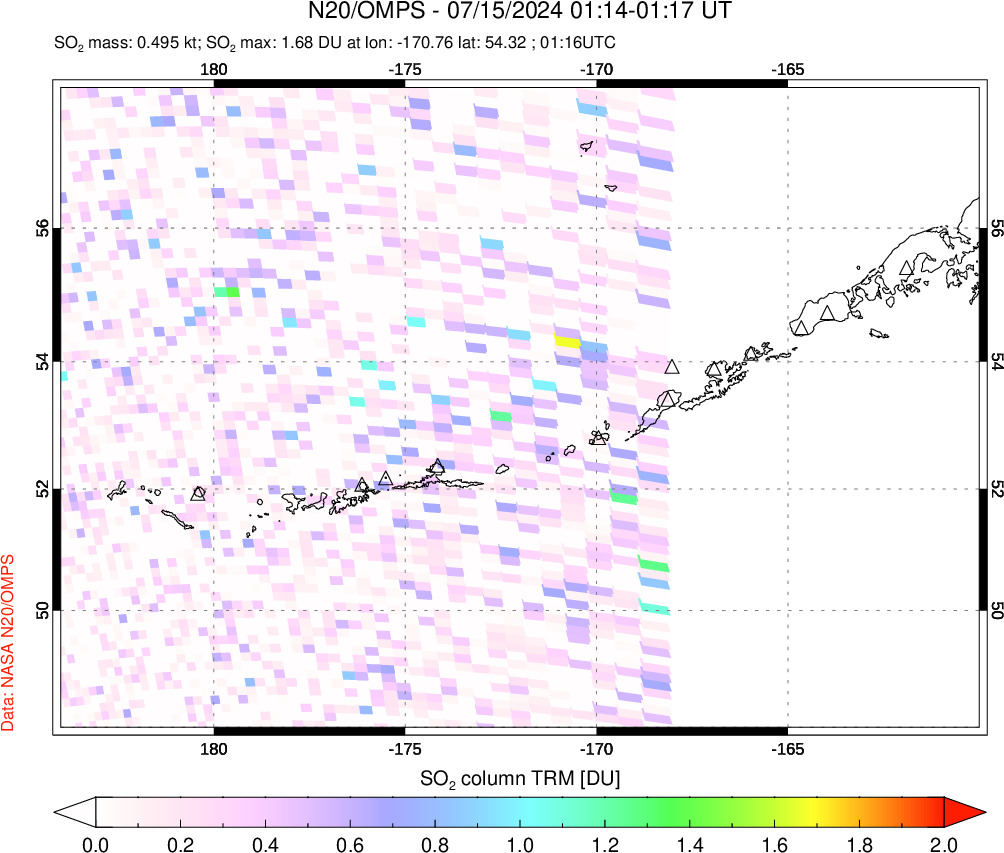 A sulfur dioxide image over Aleutian Islands, Alaska, USA on Jul 15, 2024.