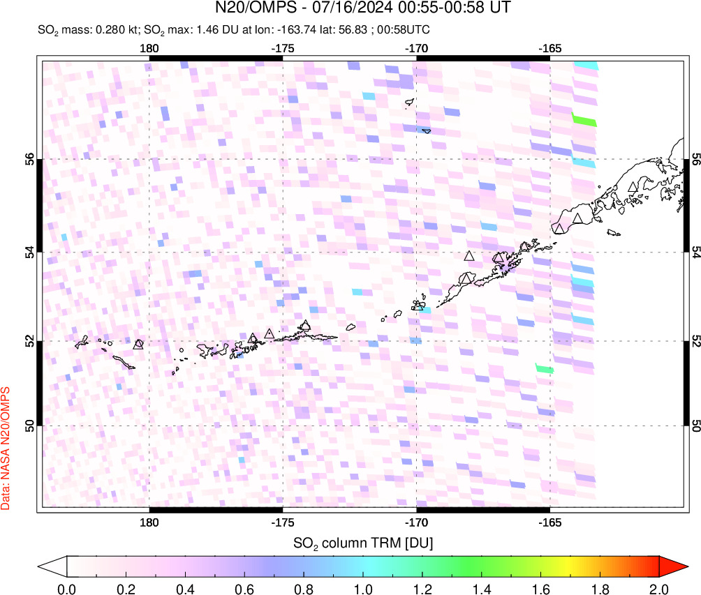 A sulfur dioxide image over Aleutian Islands, Alaska, USA on Jul 16, 2024.