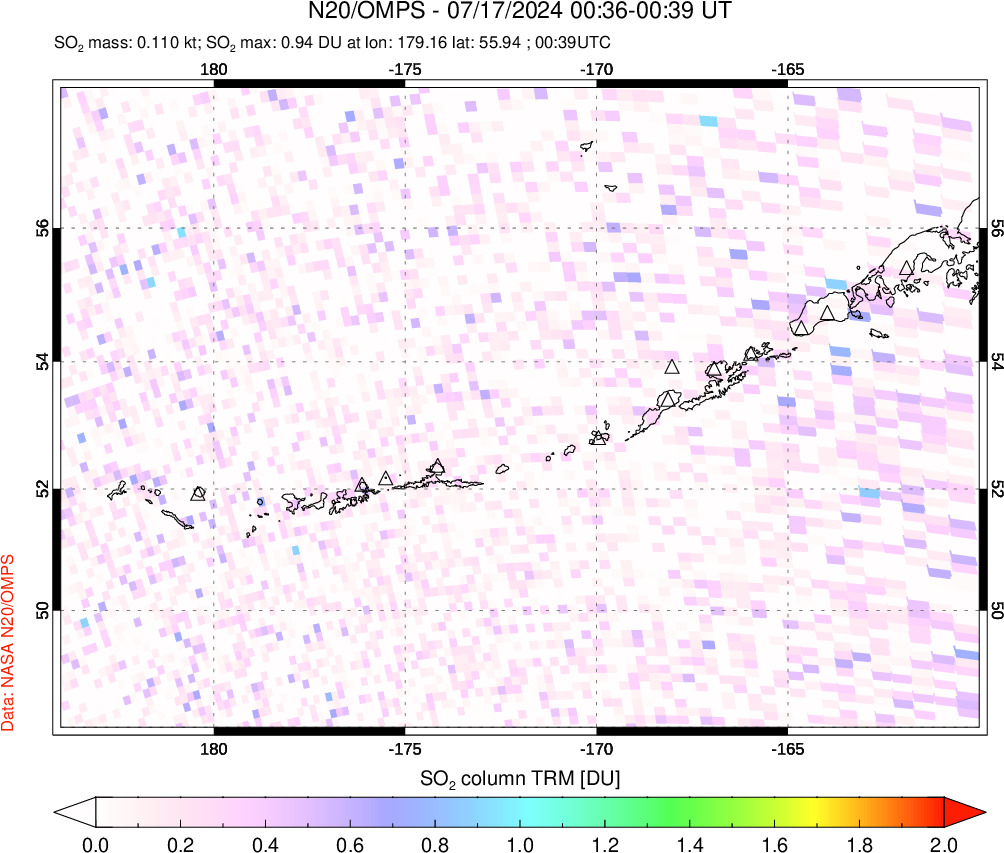 A sulfur dioxide image over Aleutian Islands, Alaska, USA on Jul 17, 2024.