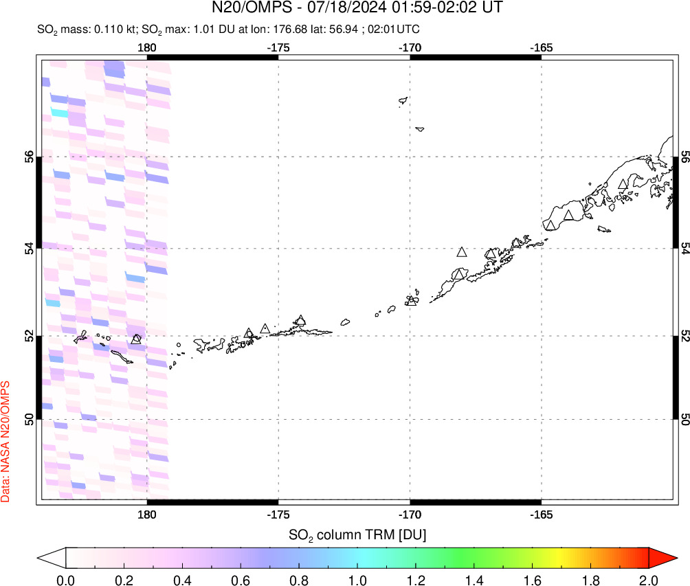 A sulfur dioxide image over Aleutian Islands, Alaska, USA on Jul 18, 2024.